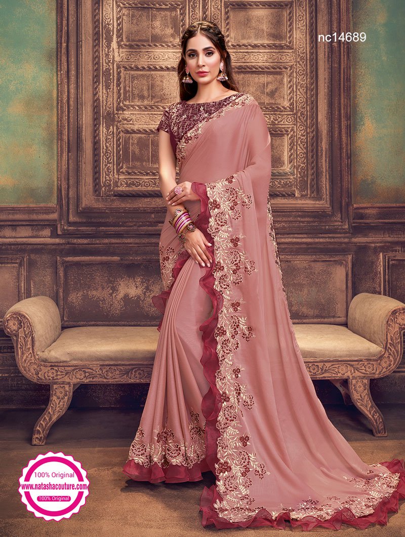 Pink Beads Work Saree In Georgette