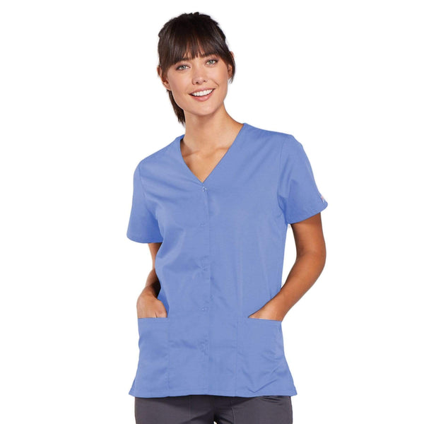 Cherokee Scrubs Top 2XL Cherokee Workwear 4770 Scrubs Top Women's Snap Front V-Neck Ceil Blue