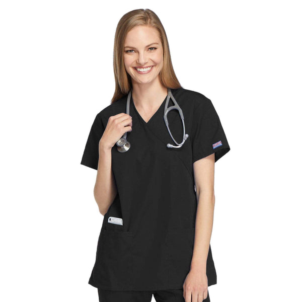 Cherokee Scrubs Top 2XL Cherokee Workwear 4801 Scrubs Top Women's Mock Wrap Tunic Black