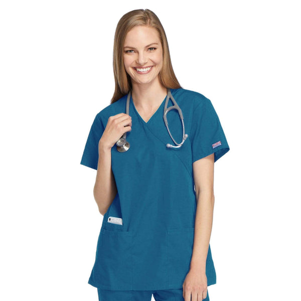 Cherokee Scrubs Top 2XL Cherokee Workwear 4801 Scrubs Top Women's Mock Wrap Tunic Caribbean Blue