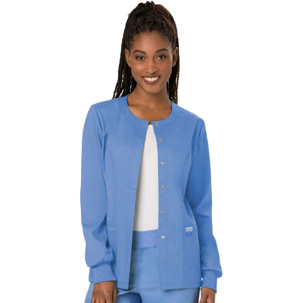 Cherokee Scrubs Jacket Cherokee Workwear Revolution WW310 Scrubs Jacket Women's Snap Front Warm-up Ceil Blue