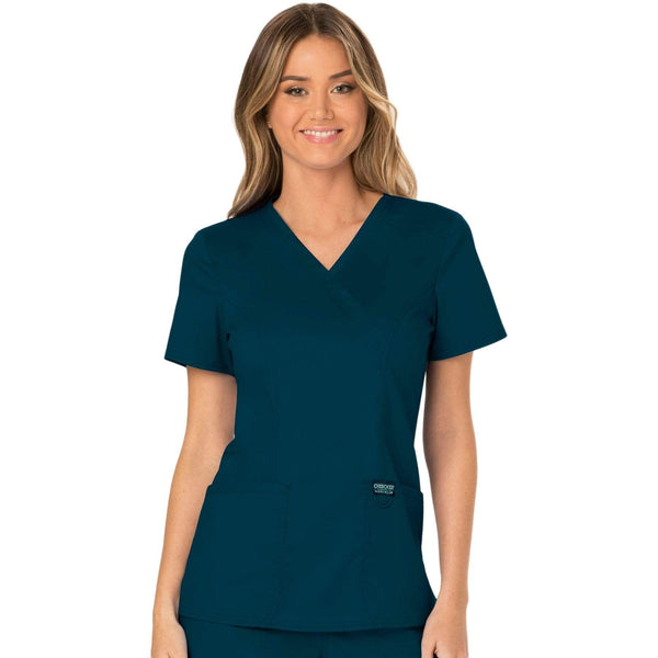 Cherokee Scrubs Top 2XL Cherokee Workwear Revolution WW610 Scrubs Top Women's Mock Wrap Caribbean Blue