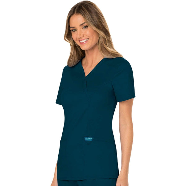 Cherokee Scrubs Top Cherokee Workwear Revolution WW610 Scrubs Top Women's Mock Wrap Caribbean Blue