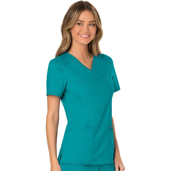 Cherokee Scrubs Top Cherokee Workwear Revolution WW610 Scrubs Top Women's Mock Wrap Teal Blue