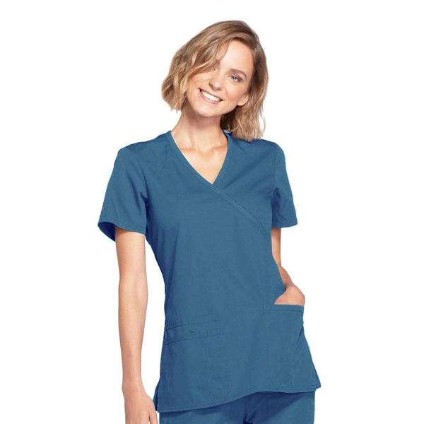 Cherokee Scrubs Top 2XL Cherokee Workwear WW650 Scrubs Top Women's Mock Wrap Caribbean Blue