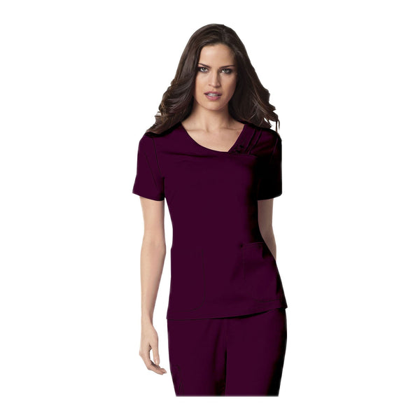 Cherokee Scrub Top Luxe Crossover V-Neck Pin-Tuck Top Wine Top