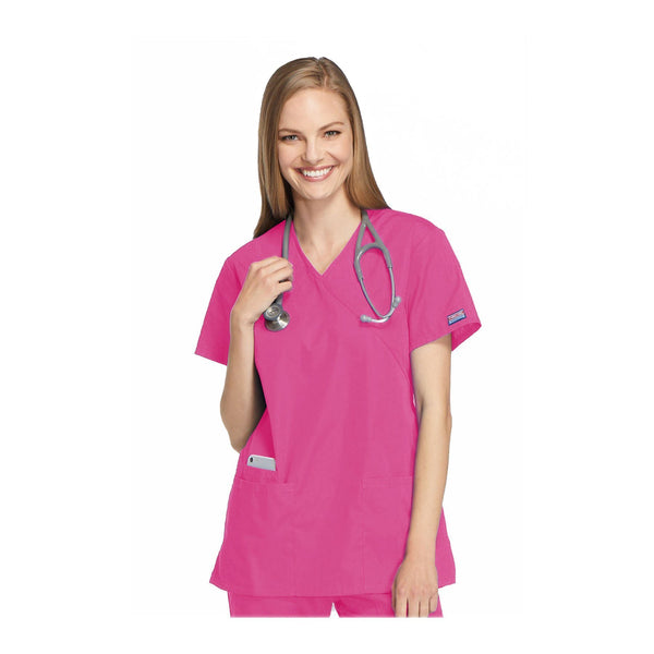 Cherokee Workwear Top WW Mock Wrap Tunic Shocking Pink Top