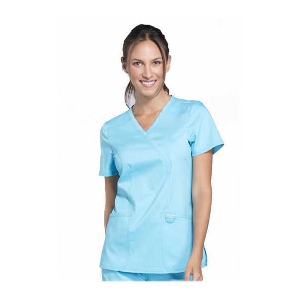 Cherokee Workwear Top WW Revolution Mock Wrap Top Turquoise Top