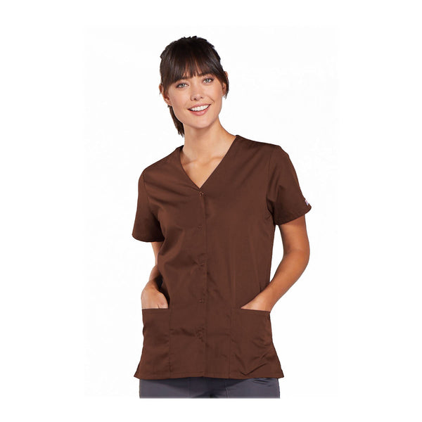 Cherokee Workwear Top WW Snap Front V-Neck Top Chocolate Top