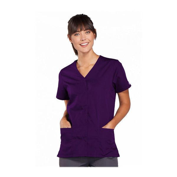 Cherokee Workwear Top WW Snap Front V-Neck Top Eggplant Top