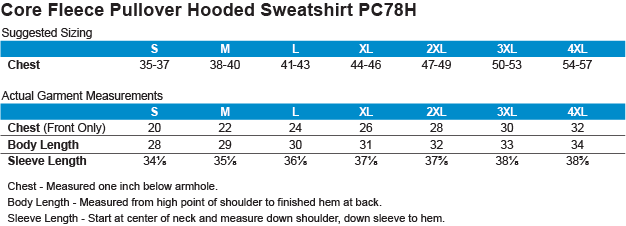 PC78H Port & Co. Core Fleece Pullover Hoodie Size Chart