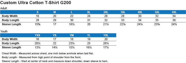 G200 GILDAN ULTRA COTTON T-SHIRT Size Chart