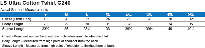 G240 GILDAN LS ULTRA COTTON T-SHIRT Size Chart