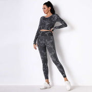 LikeBunny Women Seamless Camouflage Long Sleeve Workout Crop Top and Legging Set