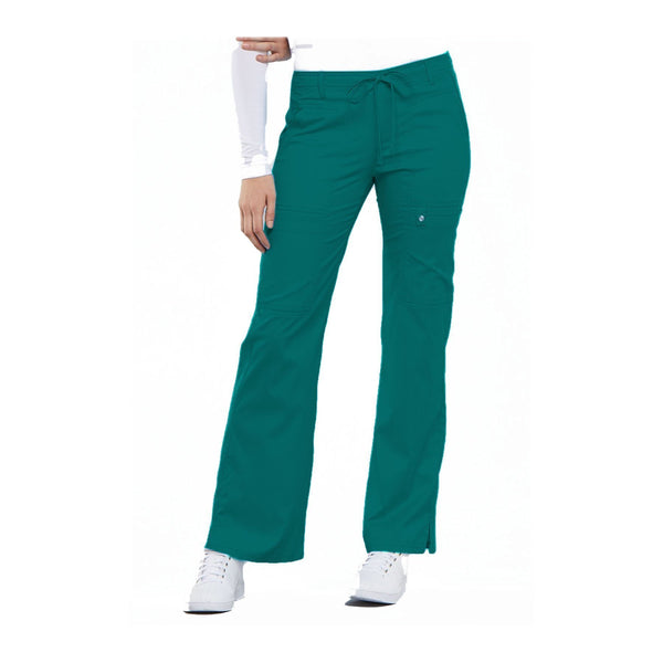 Cherokee Scrub Pants Luxe Contemporary Fit Low Rise Flare Leg Drawstring Cargo Pant Teal Pant