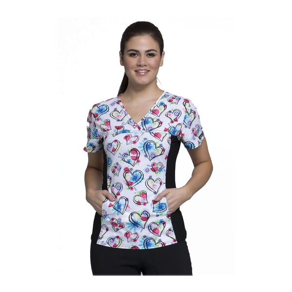 Cherokee Scrub Top Wild At Heart V-Neck Knit Panel Top Heart Healthy Top