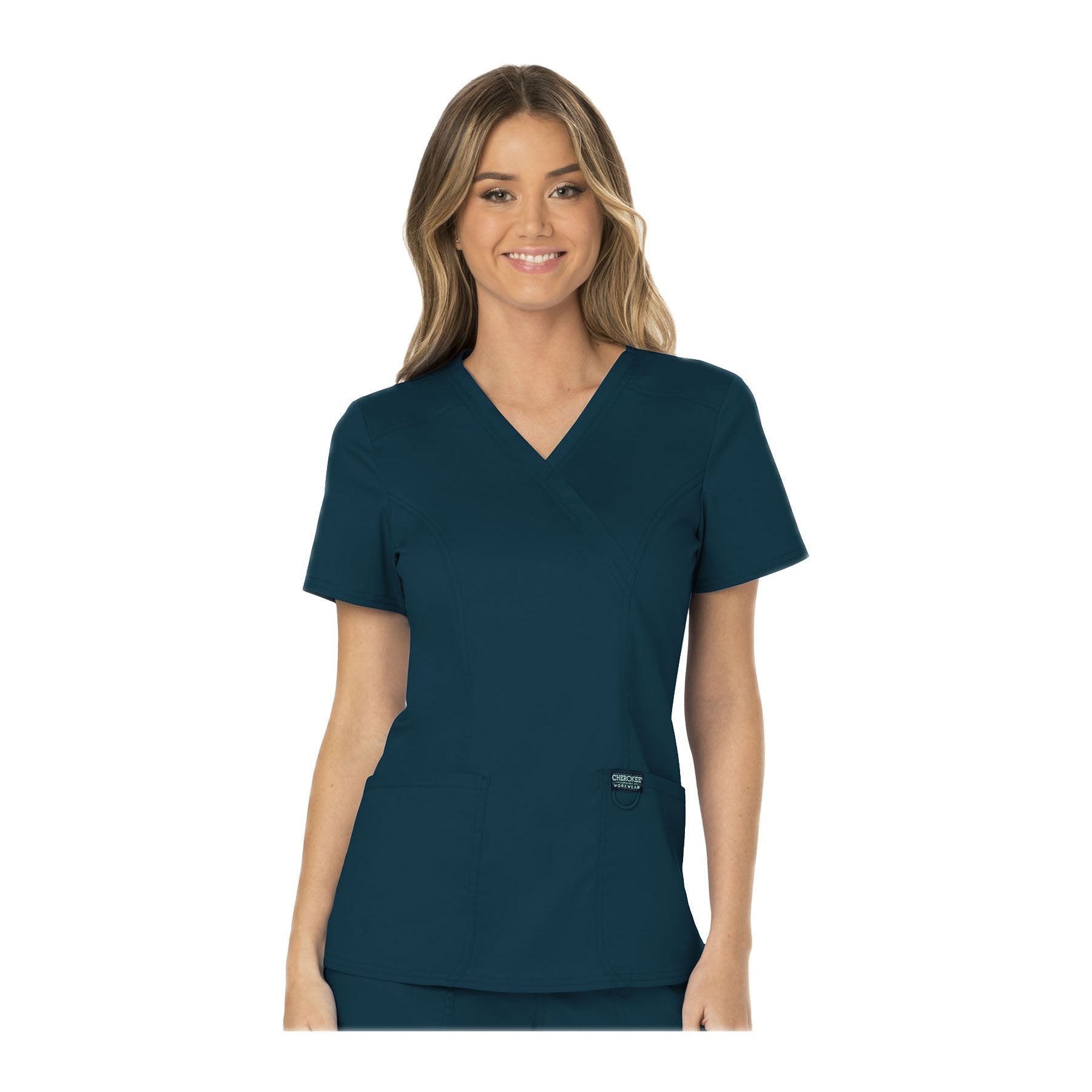 Cherokee Workwear Top WW Revolution Mock Wrap Top Caribbean Blue Medcal ...