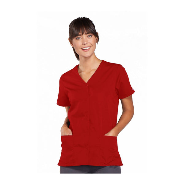 Cherokee Workwear Top WW Snap Front V-Neck Top Red Top