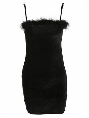 black dress with fluffy trim