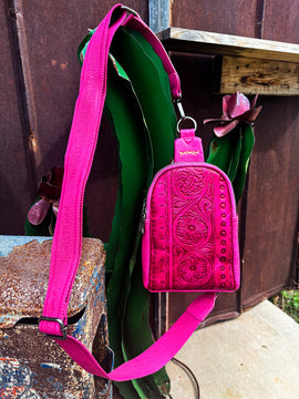 Texas Tooled Sling Bag- Hot Pink