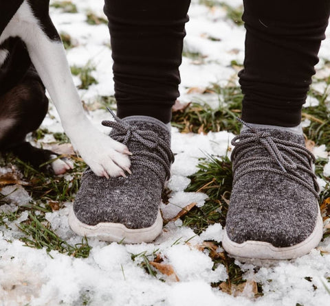 A person wearing Vessi shoes in the snow with a dog sitting next to them