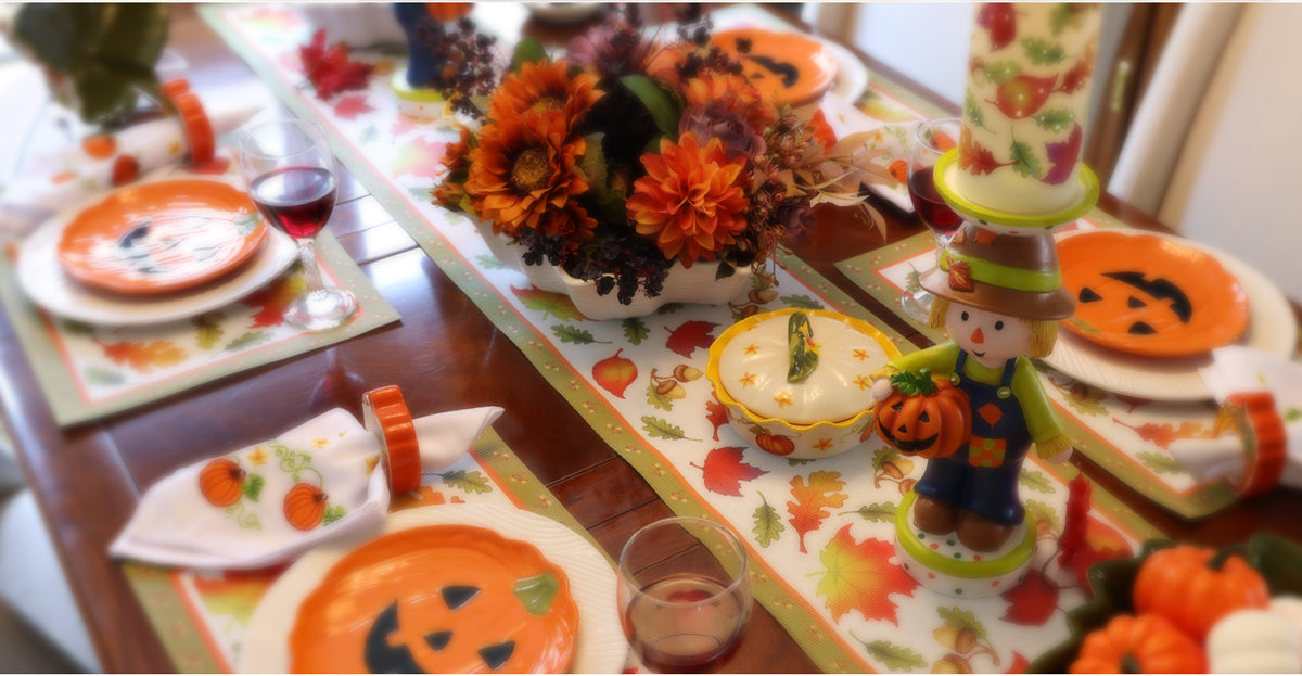 Fall Harvest Halloween dining table set with temp-tations dinnerware and decorations 