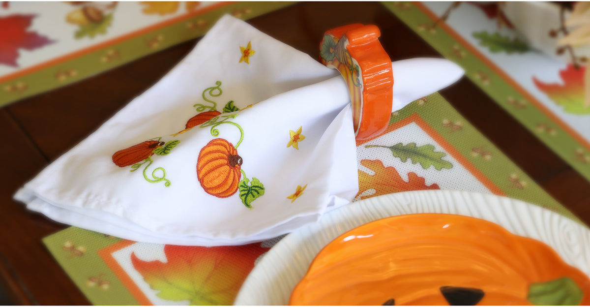 Fall Harvest Halloween dining table set with temp-tations embroidered linen napkins