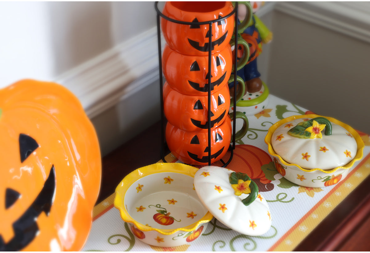 Fall Harvest Halloween dining table set with temp-tations serving bowls and platters