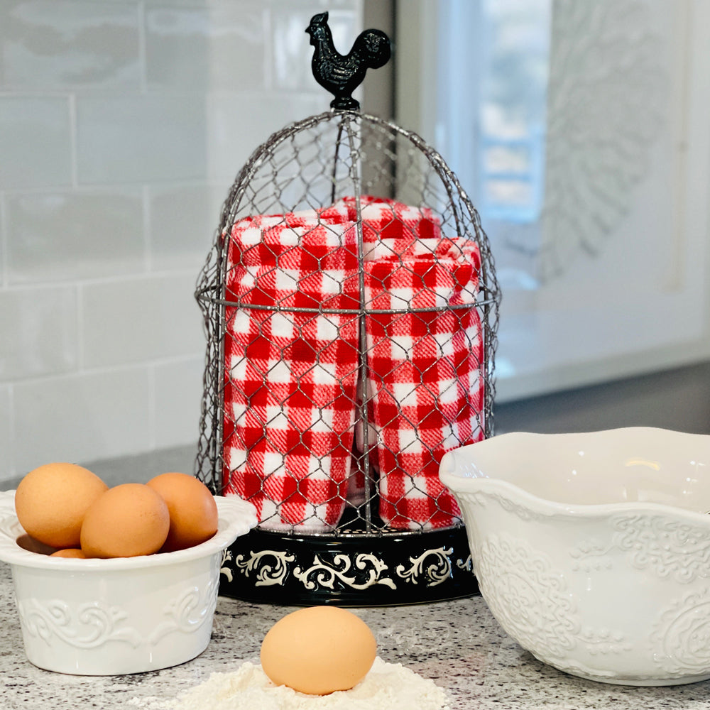 cage with towels inside for kitchen decor