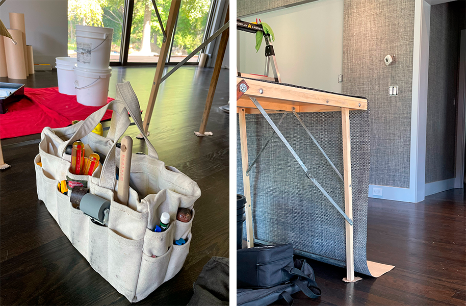 Side by side images of grasscloth hanging materials including a bag of tools and cutting table