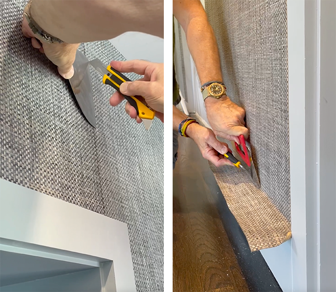 Side by side images of grasscloth wallpaper being trimmed at the seams