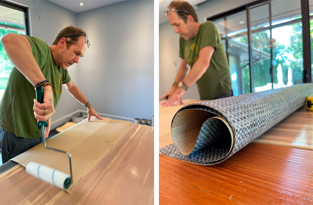 A side by side image of a man using a roller to apply paste to grasscloth wallpaper and a close up of a pre-pasted roll