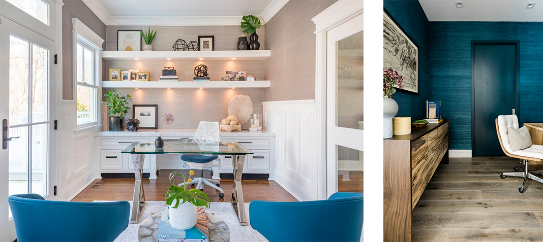 Two pictures side by side, one is of a living room with a built in book self and electric blue lounge chairs, the other is a home office space with console table and blue grasscloth covered walls
