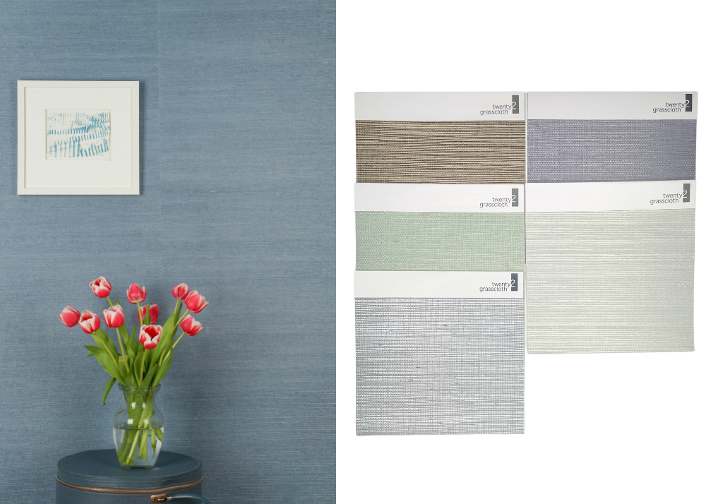 Side by side pictures, the first with a wall covered in blue grasscloth with tulips in front, the other a group of sisal grasscloth samples