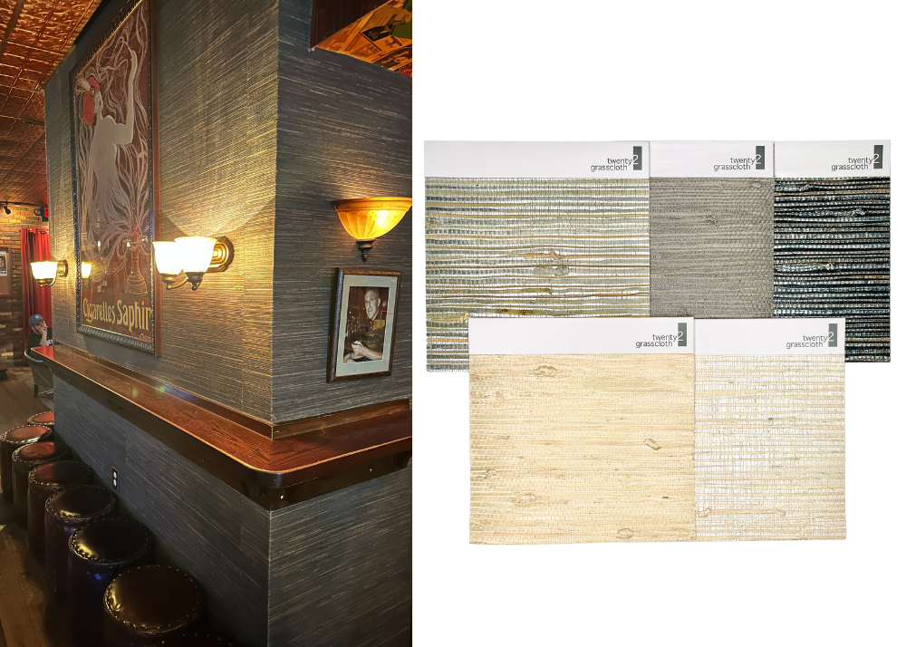 Side by side images, the first one at a cigar shop with a wall covered in jute grasscloth, the other a group of jute grasscloth samples