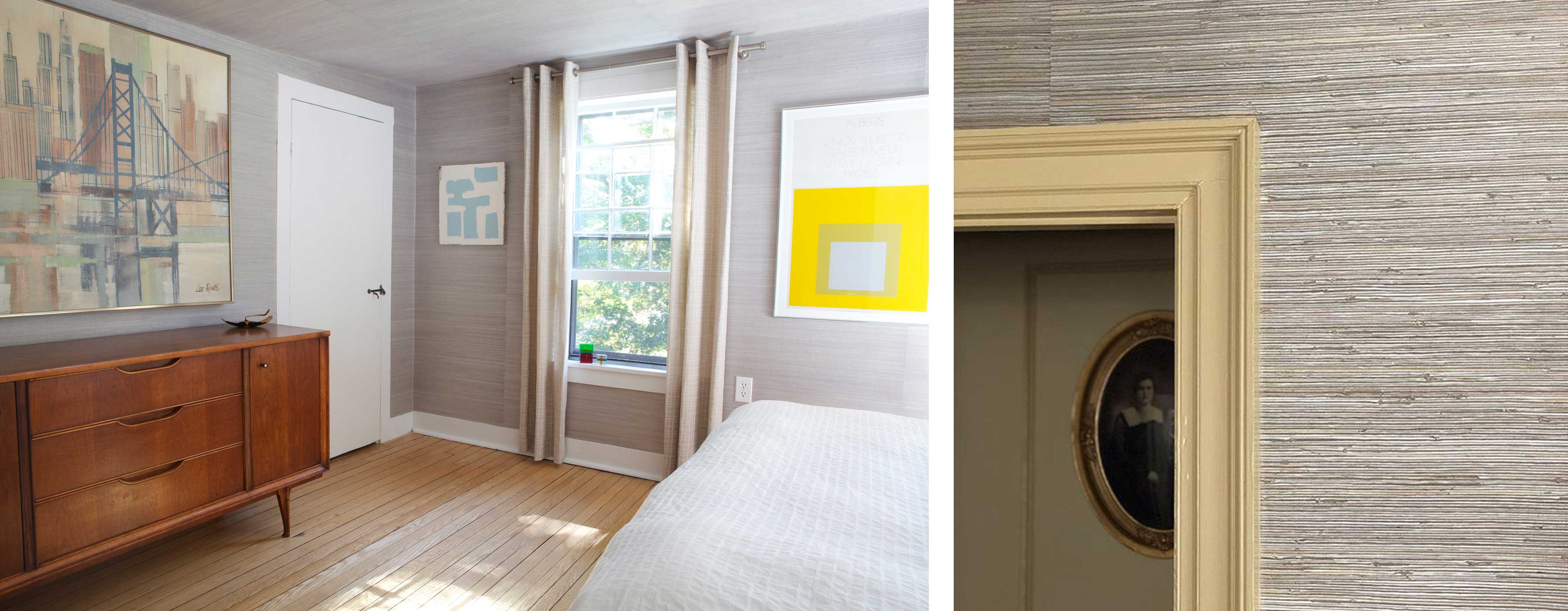 Side by side images, one is of a traditional bedroom with gray grasscloth wallpaper and the other is a close up of a corner of a frame against chunky wallpaper