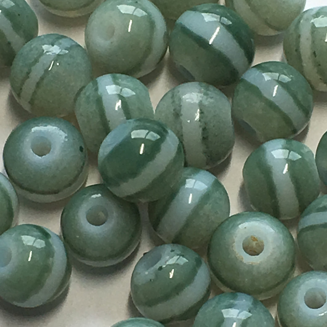 Green and White Striped Glass Round Beads, 6 mm, 38 Beads