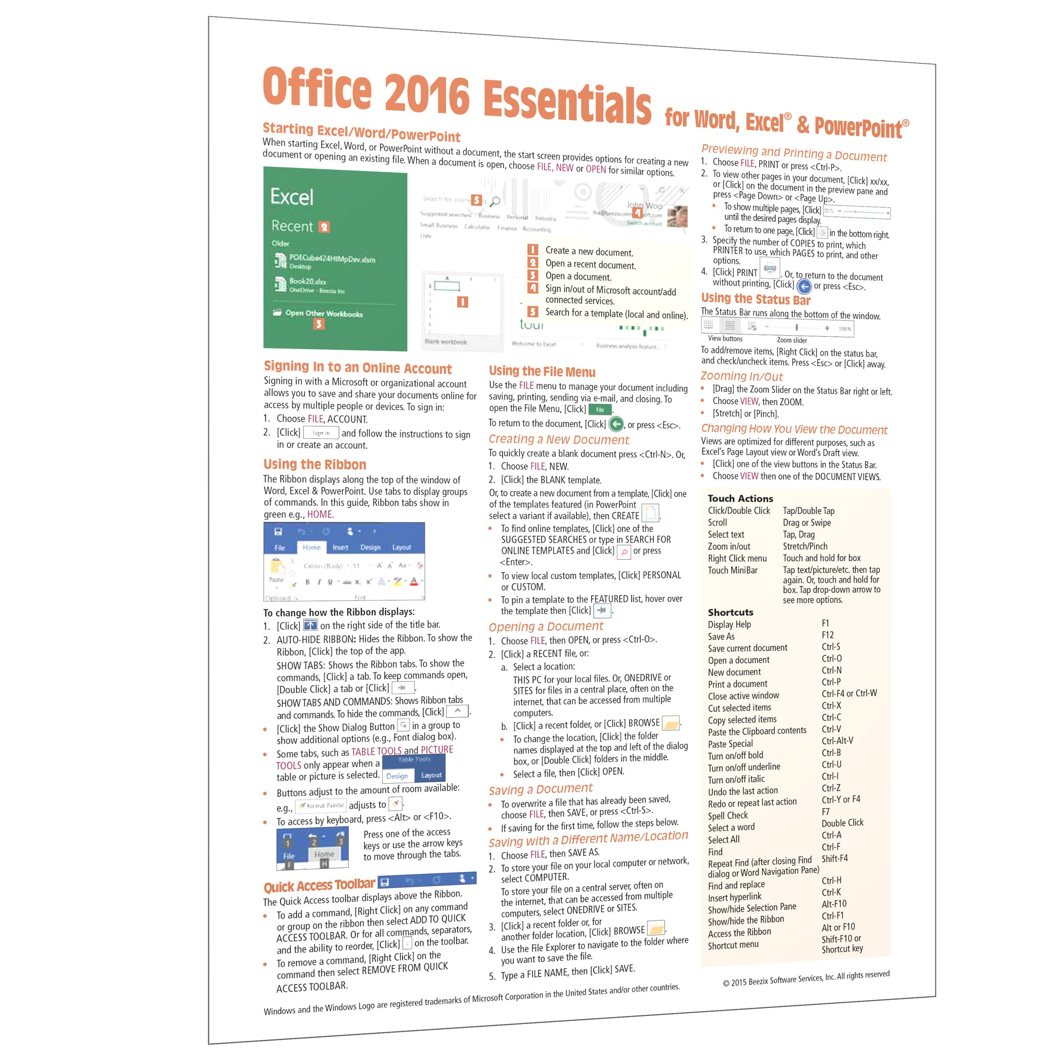 Office 2016 Cheat Sheet, Quick Reference Guide Card - Beezix