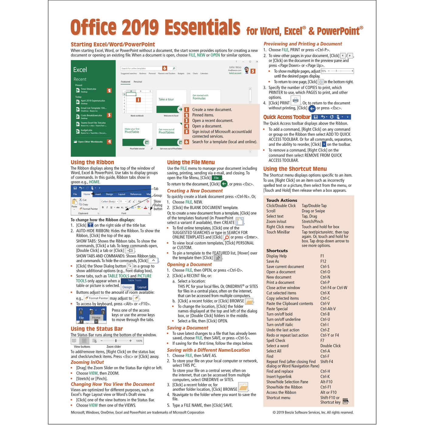 Office 2019 Cheat Sheet Quick Reference Guide Card Beezix 5209