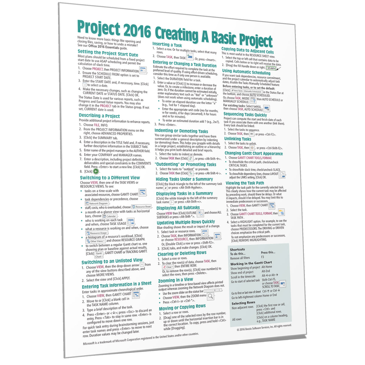 Microsoft Project 2016 Quick Reference Cheat Sheet Card Beezix 7350