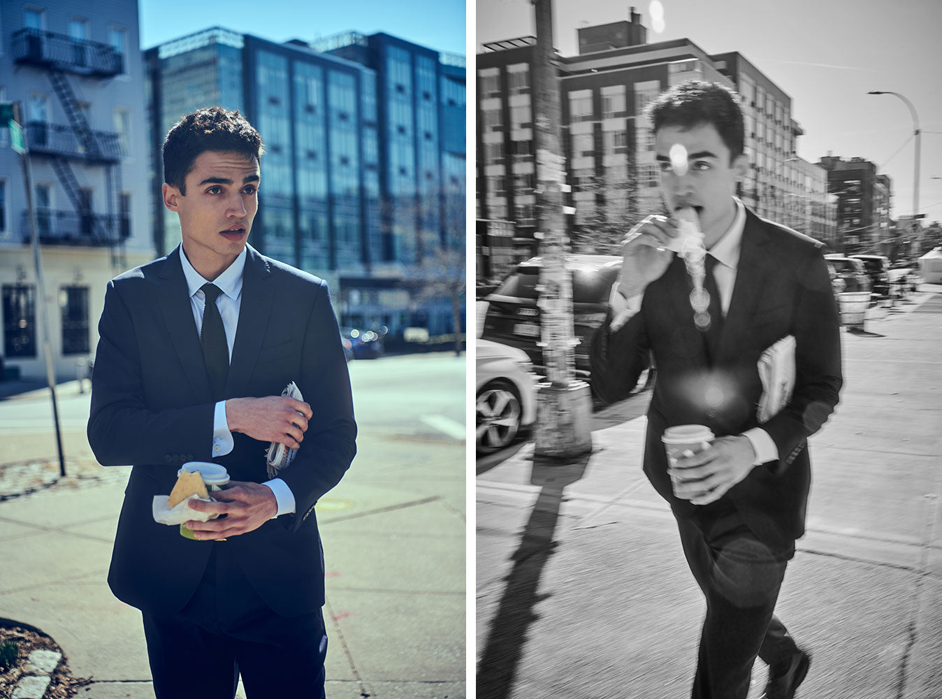 Images of model wearing a navy suit, white dress shirt, navy tie. He is holding a newspaper, coffee, and a snack.