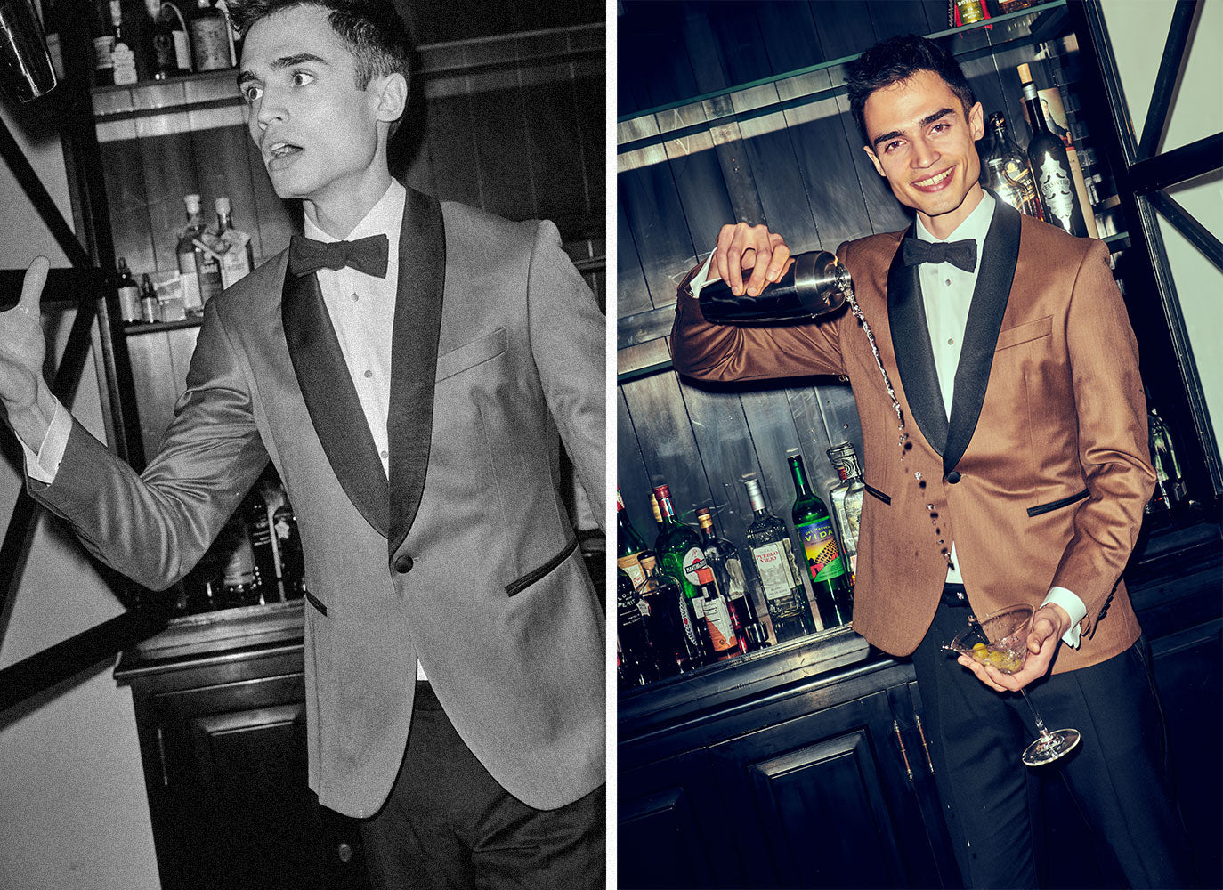 Black and white photo of a model wearing a dinner jacket, tuxedo shirt with dress studs, and bow tie. He is tossing up a cocktail shaker.
