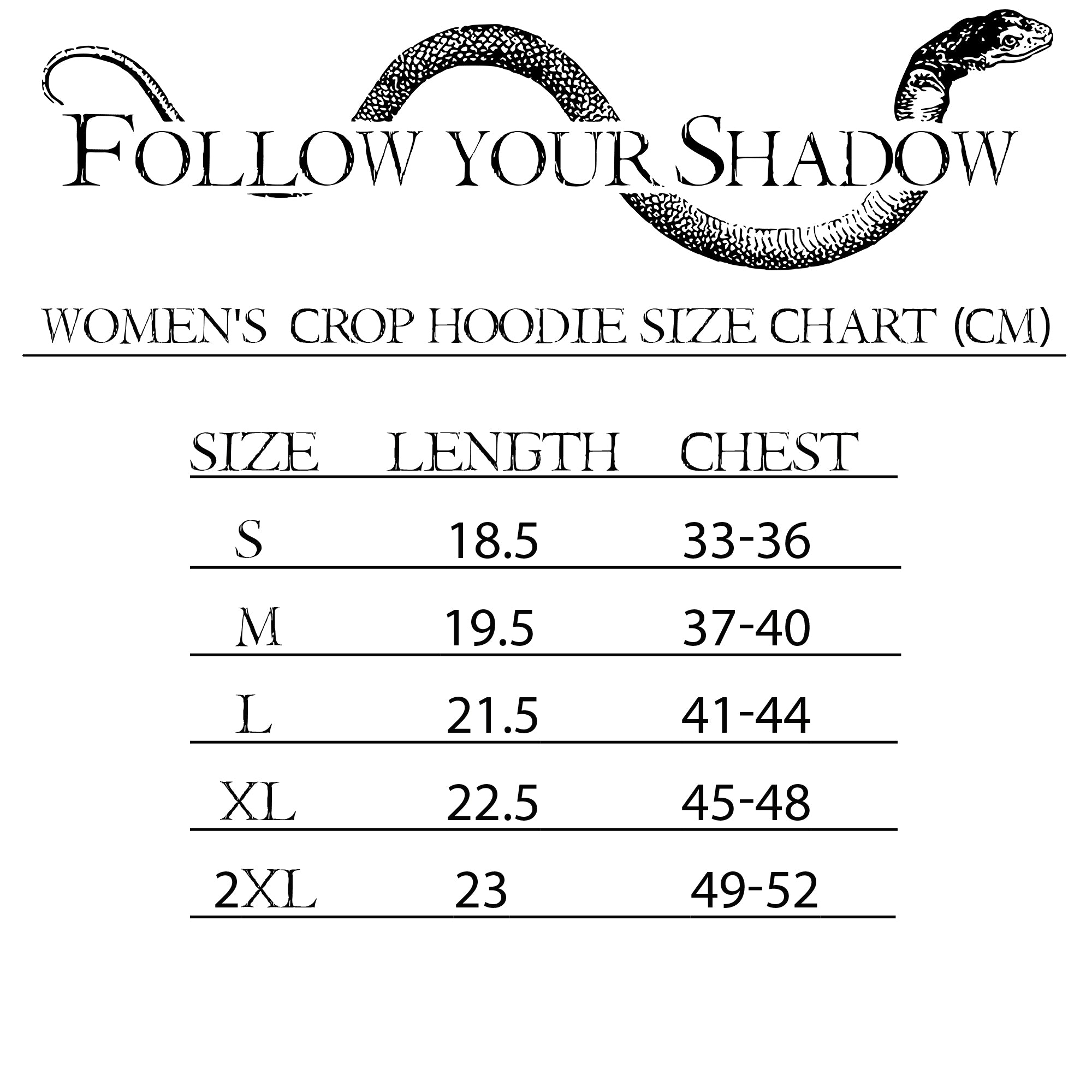 Crop Hoodie Size Guide - Follow Your Shadow