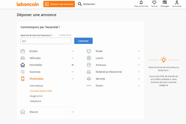 choisir catégorie annonce leboncoin