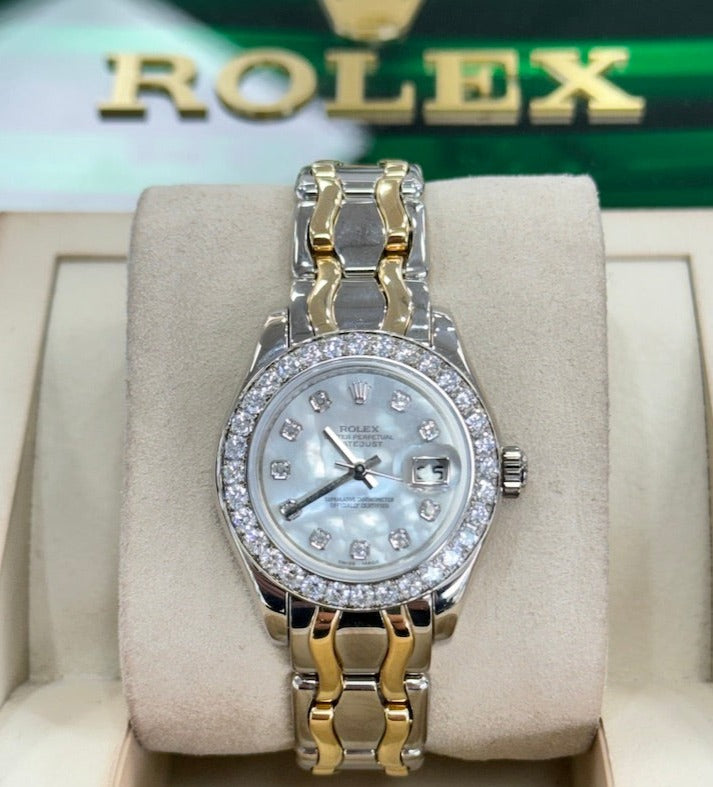 Rolex Lady-Datejust Pearlmaster 80299 Factory Diamond MOP Diamond Bezel Factory white gold and yellow gold Bracelet Box and Papers Preowned