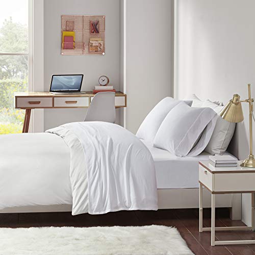 Intelligent Design Cotton Blend Jersey Knit Bed Sheet Set Wrinkle Resistant, Soft Sheets with 14" Deep Pocket, All Season, Cozy Bedding-Set, Matching Pillow Case, Twin, White 3 Piece