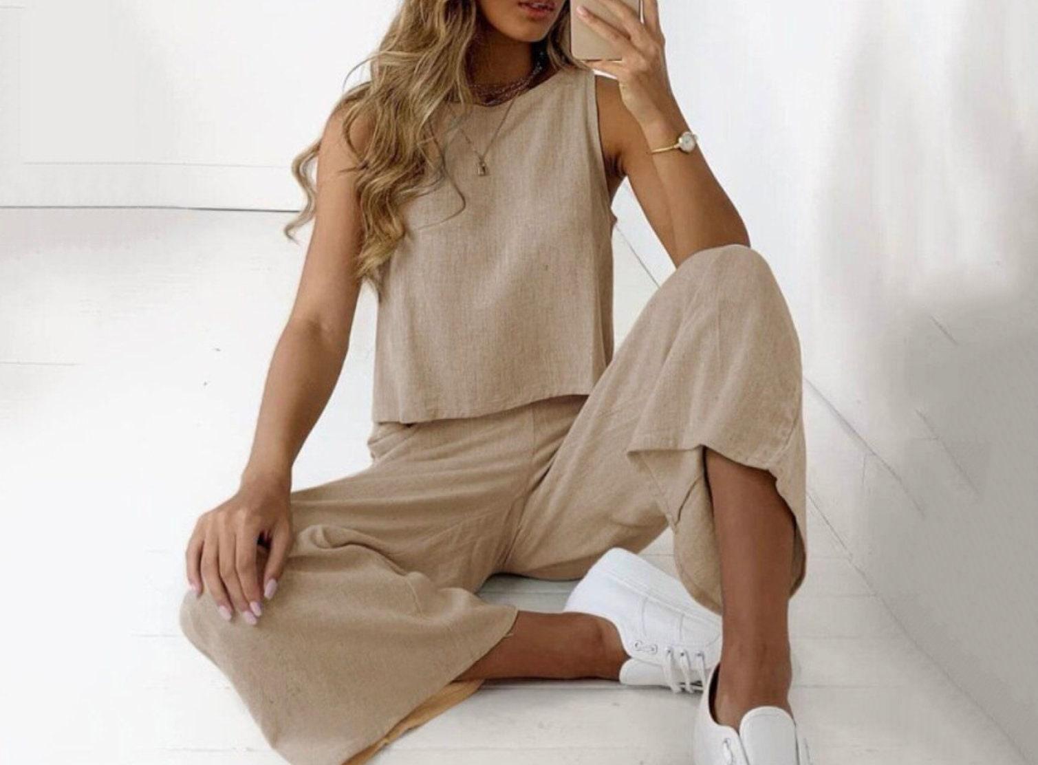 Sleeveless Linen Summer Two Piece Top and Pants Set