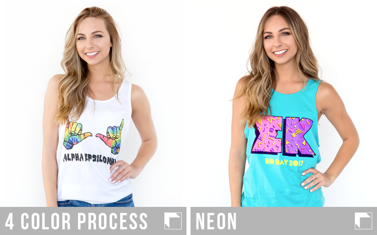 Alpha Epsilon Phi 4 CP compared to Sigma Kappa in Neon ink Alpha Epsilon Phi 4 color process printed shirt compared to a Sigma Kappa neon printed tank top