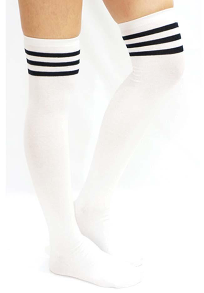 Thigh High Socks - White with Black Stripes – Pole Werk