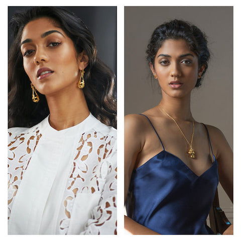 Comparison of woman wearing beautiful statement earrings versus showcasing an elegant necklace and simple earrings, jewellery by Brave Edith